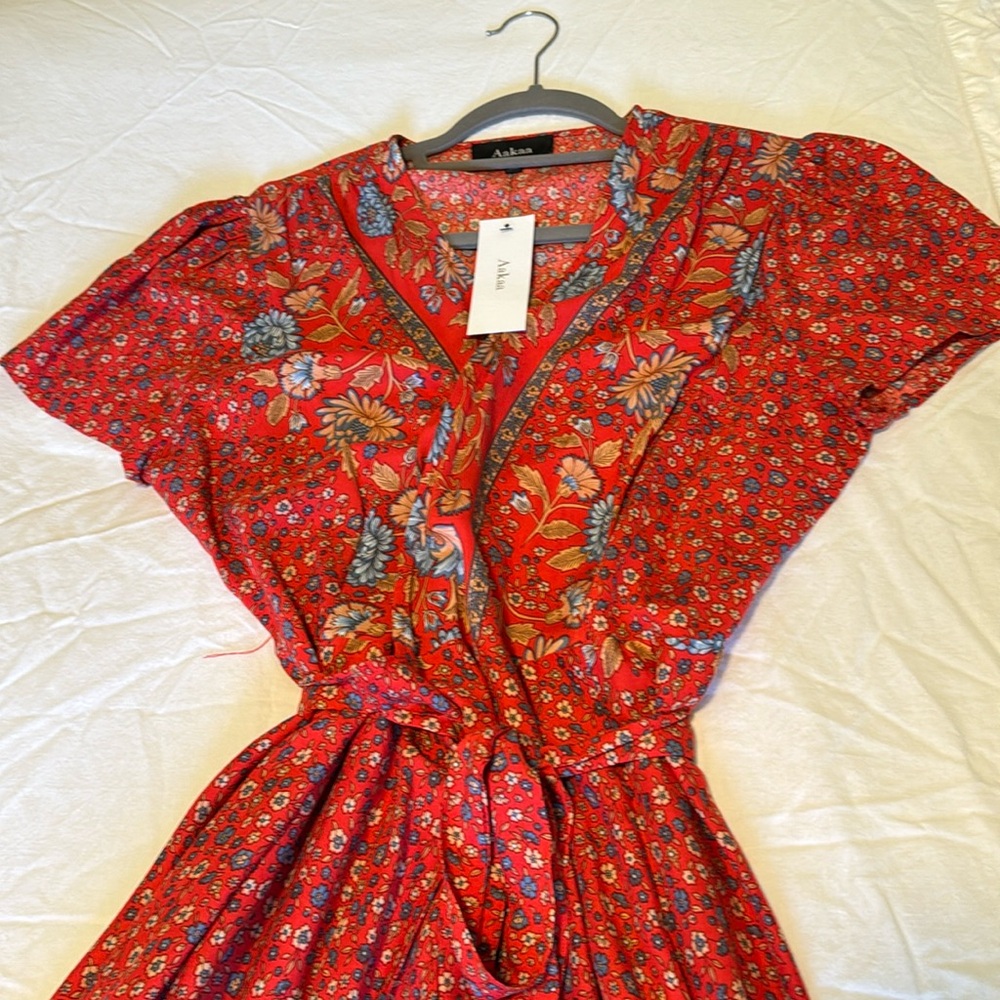 Aakaa women’s maxi wrap dress boho XL floral slightly embellished puff sleeves